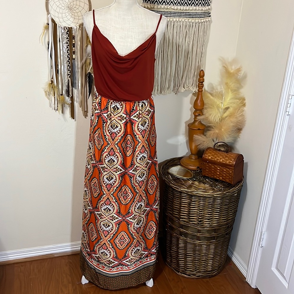 Rust Colored Maxi Dress with Curtain Top and Adjustable Straps by Corey P/ Large